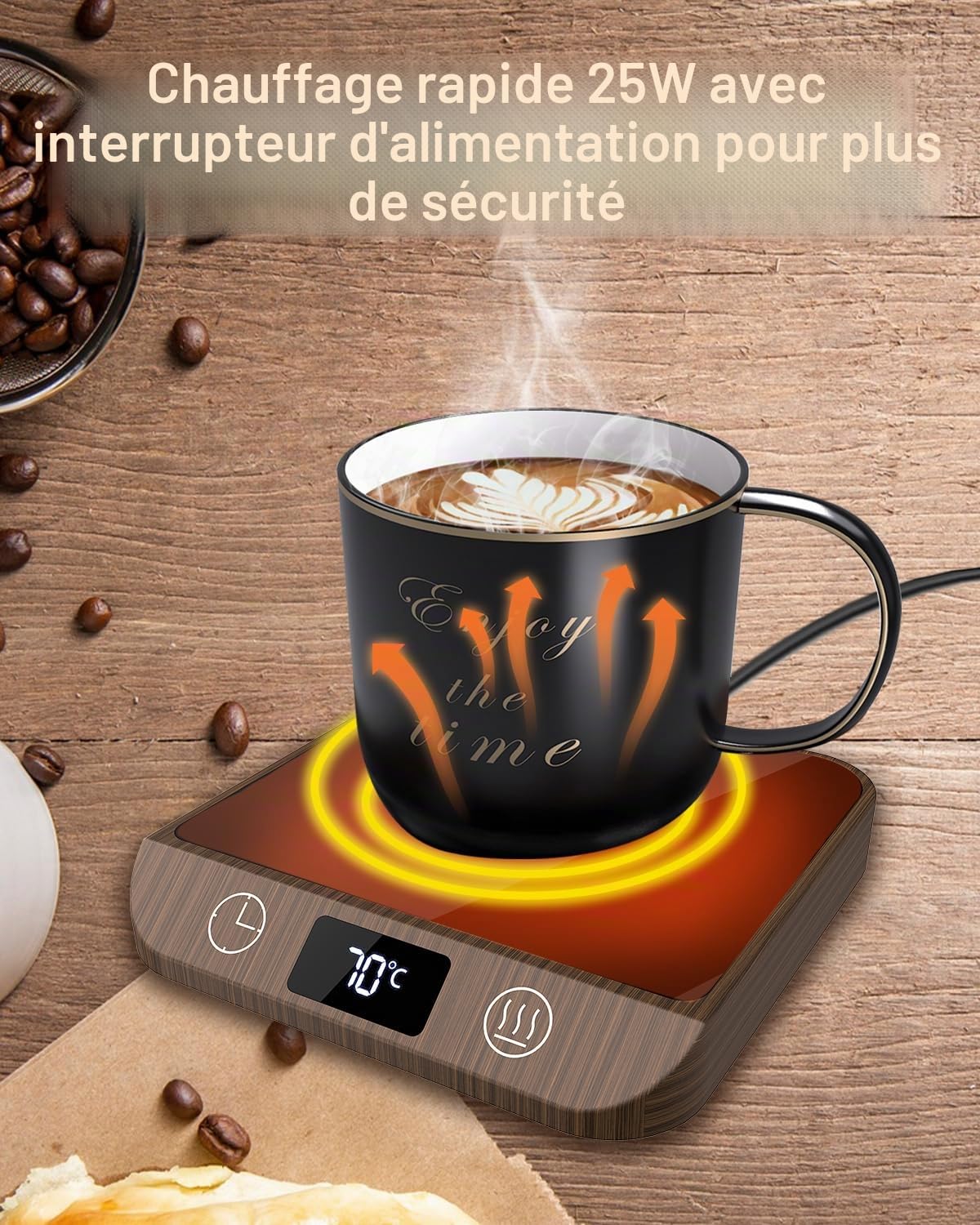 MYMULIKE Chauffe-tasse à café, chauffe-tasse pour bureau, avec 6 températures (45 ℃ à 70 ℃ avec écran LED, chauffe-tasse et minuterie de 1 à 12 heures, pour voiture, café, thé, lait, chauffe-bougie