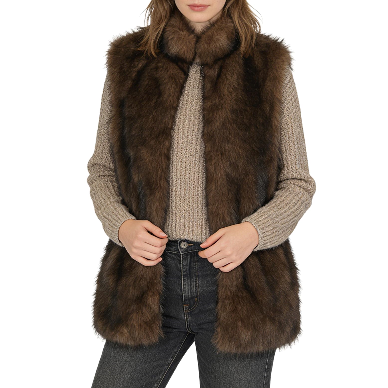 Amazhiyu Gilet di pelliccia da donna, in pelliccia sintetica, giacca in pelliccia sintetica, giacca invernale, autunno, senza maniche, in pelliccia sintetica, gilet elegante, gilet da donna con tasche