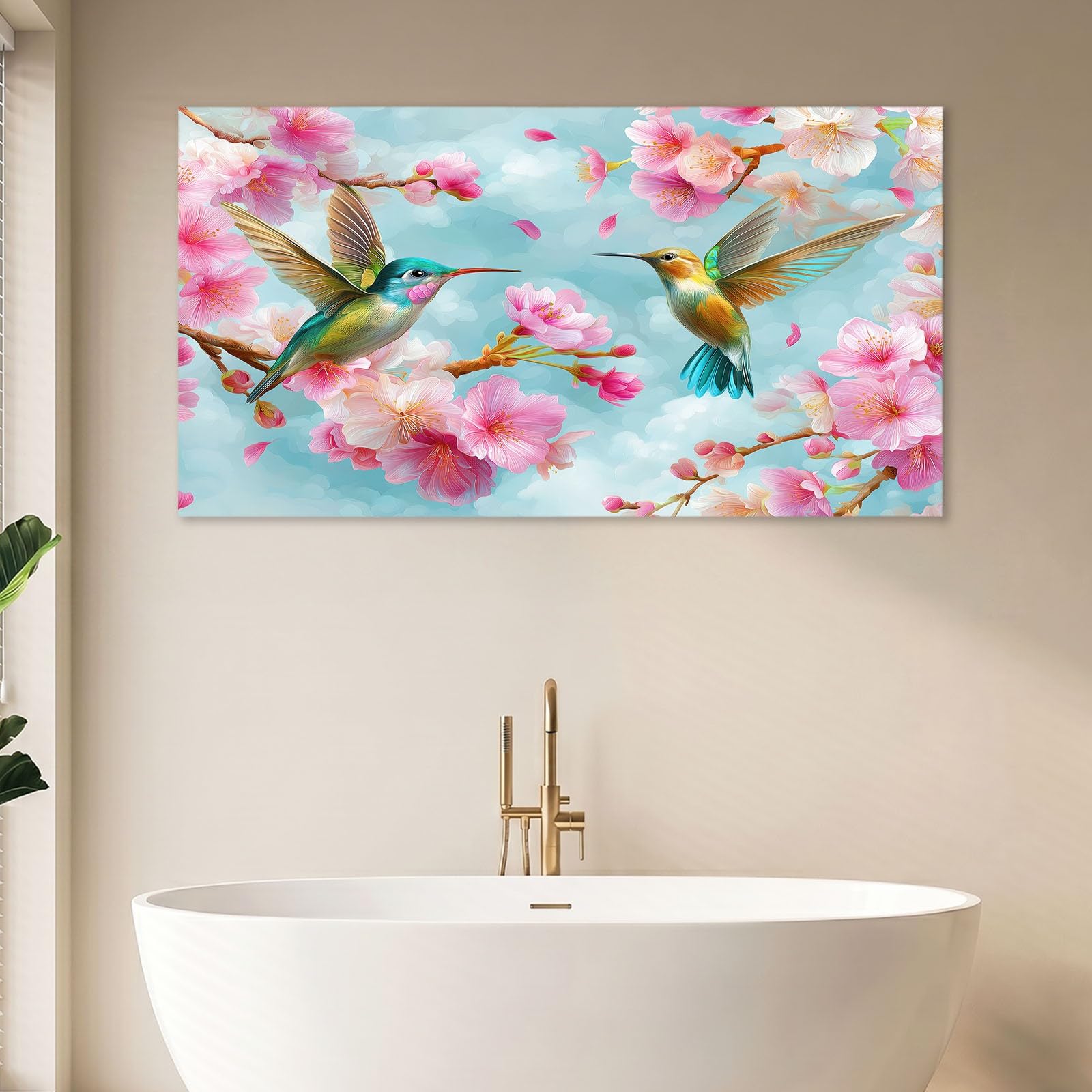 Sztuka ścienna na płótnie do salonu, sypialni, biura, kuchni, 120 x 60 cm, plakat akwarelowy, druk na płótnie, obraz, zielony, kwiatowy gałąź, koliber, grafika, dekoracja domu, obrazy