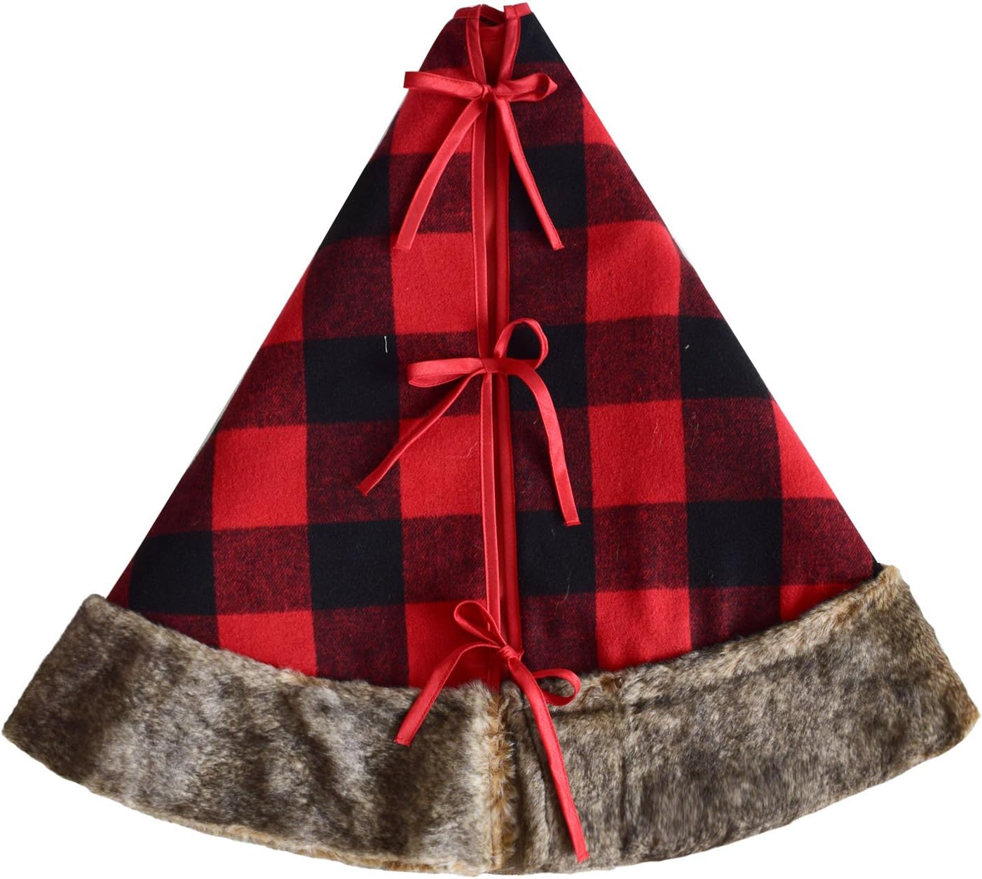 Buffalo Check Plaid with Reindeer Faux Fur Applique Embroidey Center, Faux Fur Border Christmas Tree Skirt-50inch