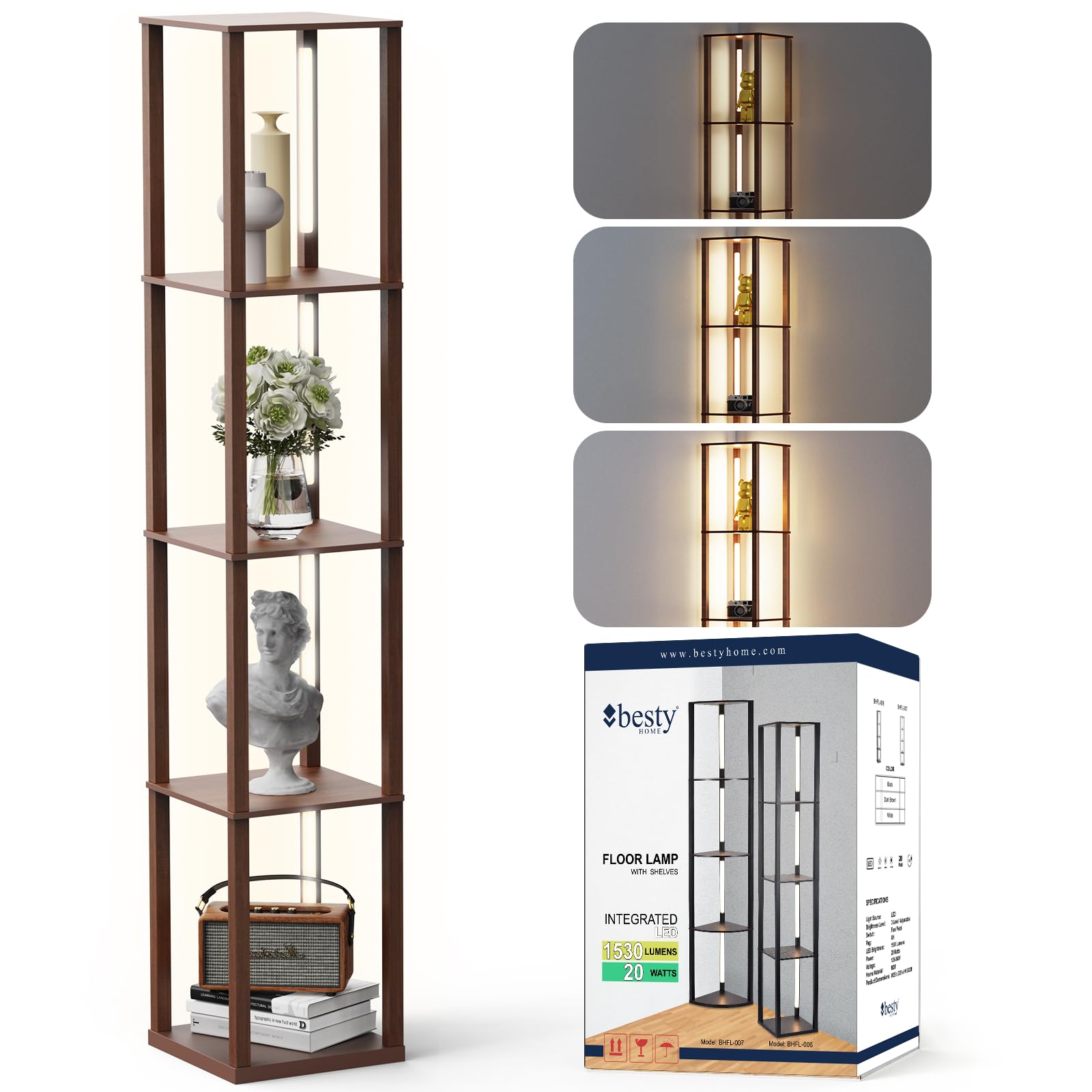 Floor Lamp with Shelves as Corner Lamp for Living Room with Shelf with Minimalist Design LED Light for Home & Office Decor with Real Solid Wood with Lamp for Bedroom (Square, Dark Brown)