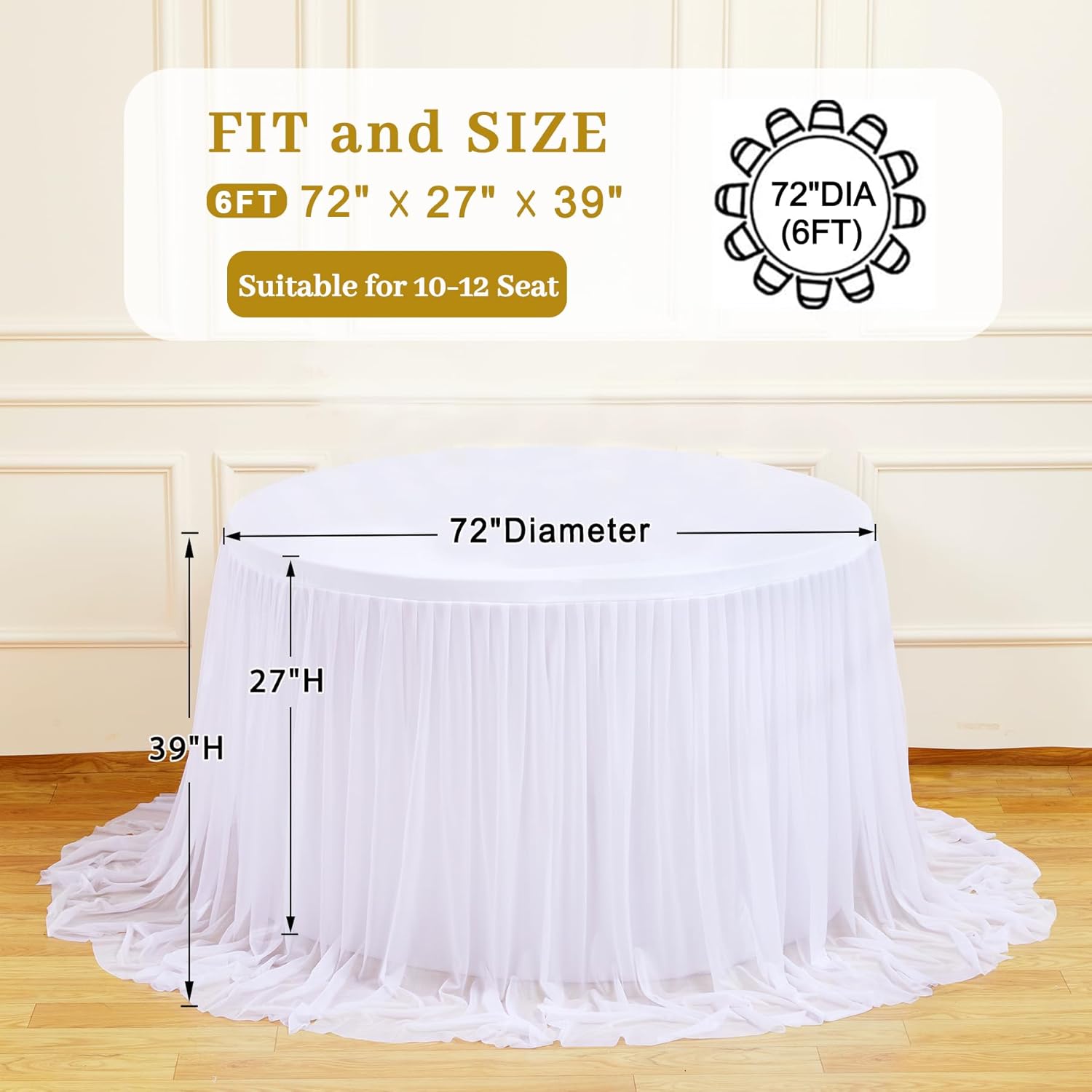 Besutolife White Round Tablecloth 6ft Tulle Table Skirt for Birthday Party Dining Table Buffet Parties Camping