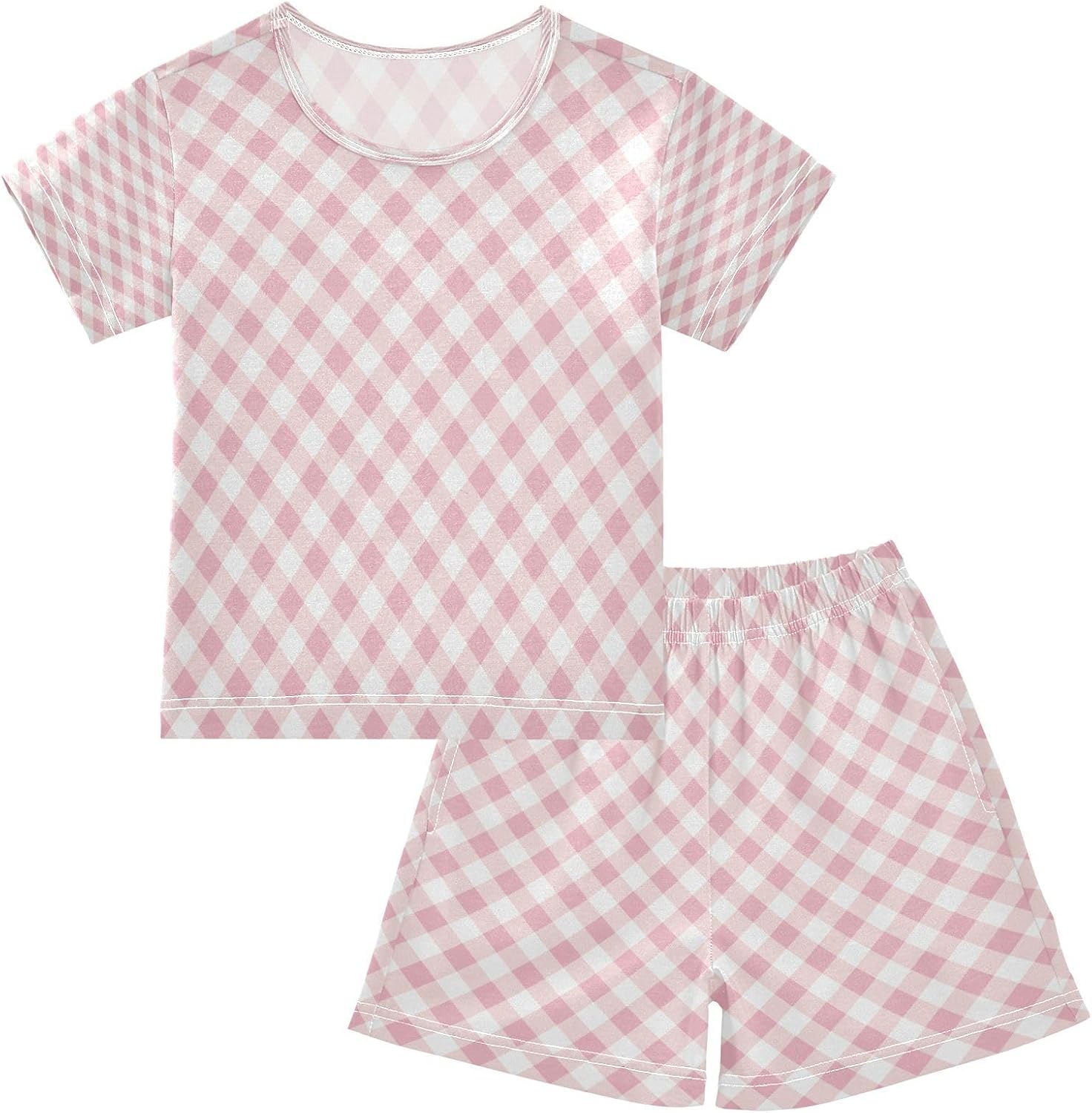 Kids Short Sets Pink Gingham Geometric Girls Boys Summer Short Set Texture Casual Short Sleeve T-Shirt Shorts Set