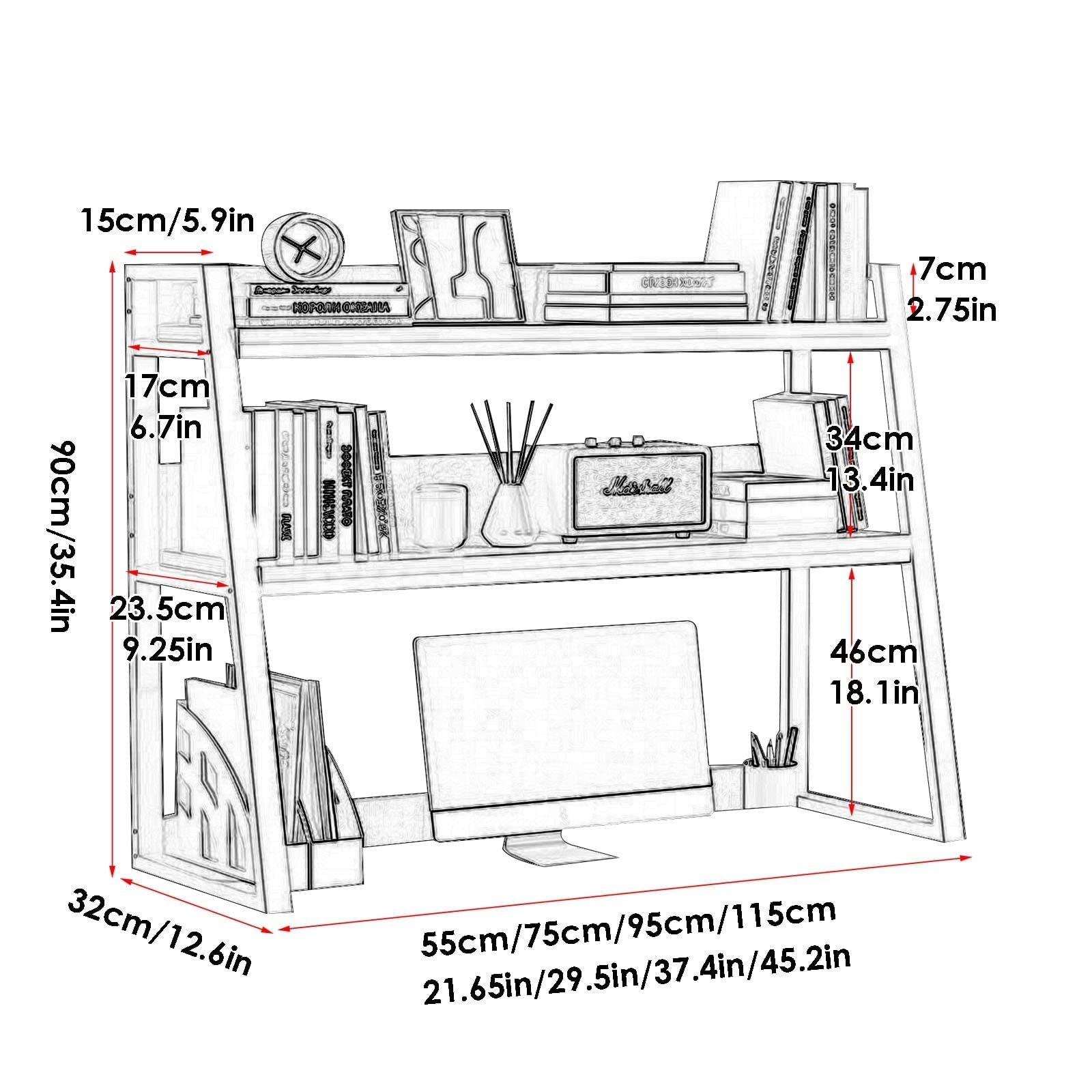 Libreria da scrivania a 2 strati, struttura in acciaio, organizer da scrivania, scaffale per libri, scala, controsoffitto, libreria, organizer per scrivania (dimensioni: 55 x 32 x 90 cm)