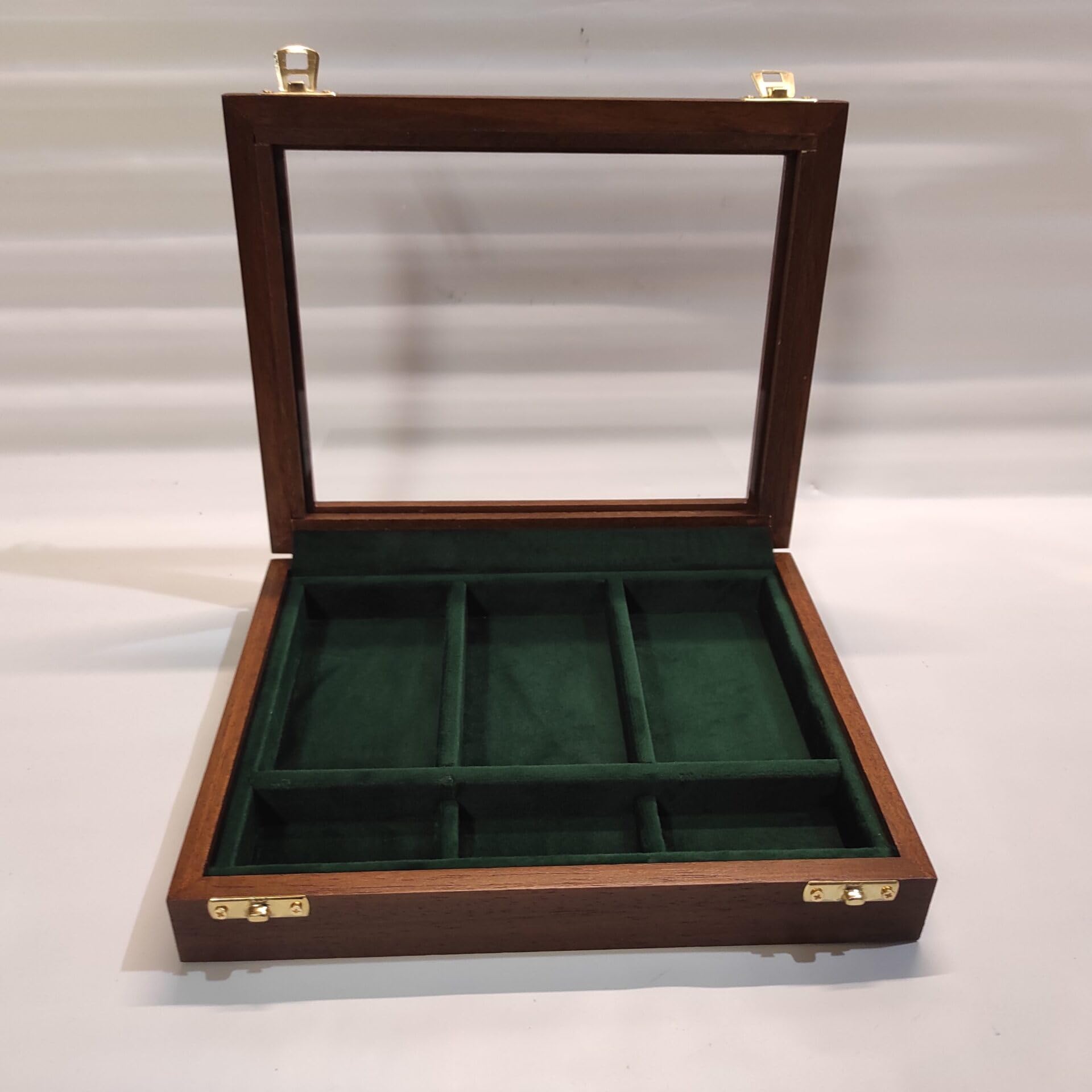 Cofanetto per rasoi di sicurezza da collezione con vetro, 3 scomparti rasoio e 3 scomparti lamette, legno massello, velluto, numerato – Coins&More