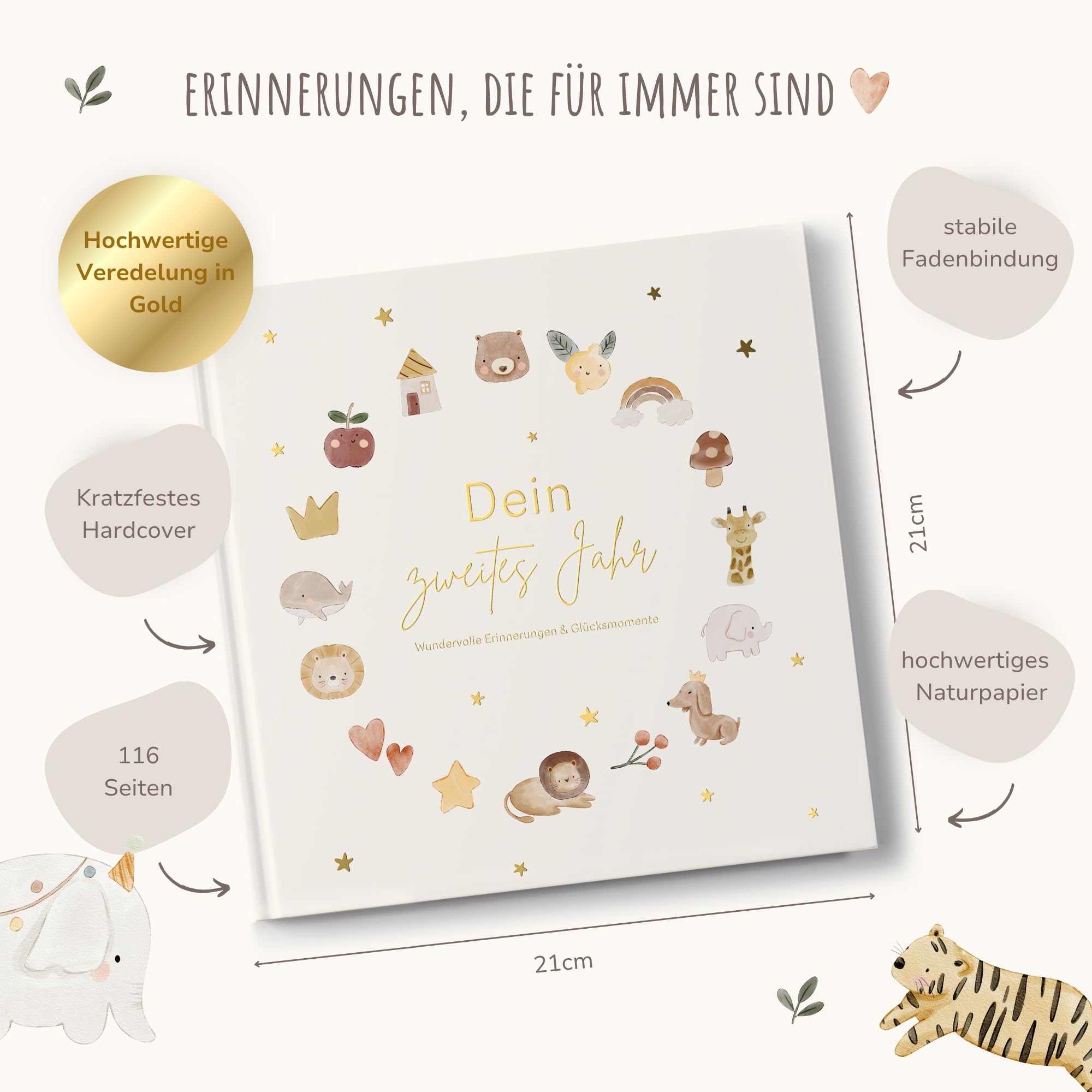 MeinBaby123® Babyalbum Dein 2tes Jahr hochwertig vergoldet | Geschenk erster Geburtstag | Geschenkt 1. Geburtstag | Meilensteine im zweiten Lebensjahr (beige)