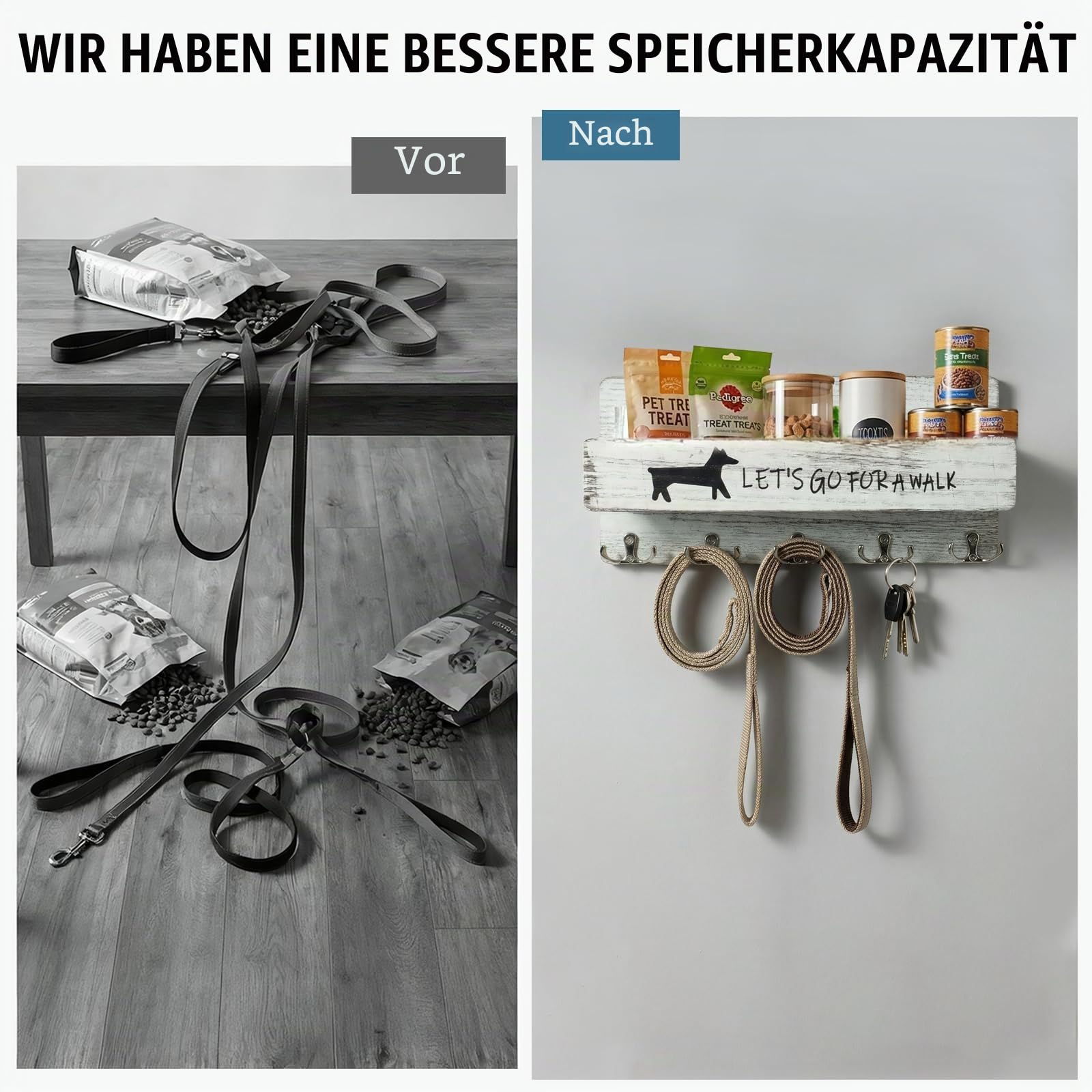 Hundegarderobe mit Ablage, Hundeleinenhalter Wand, Weiß