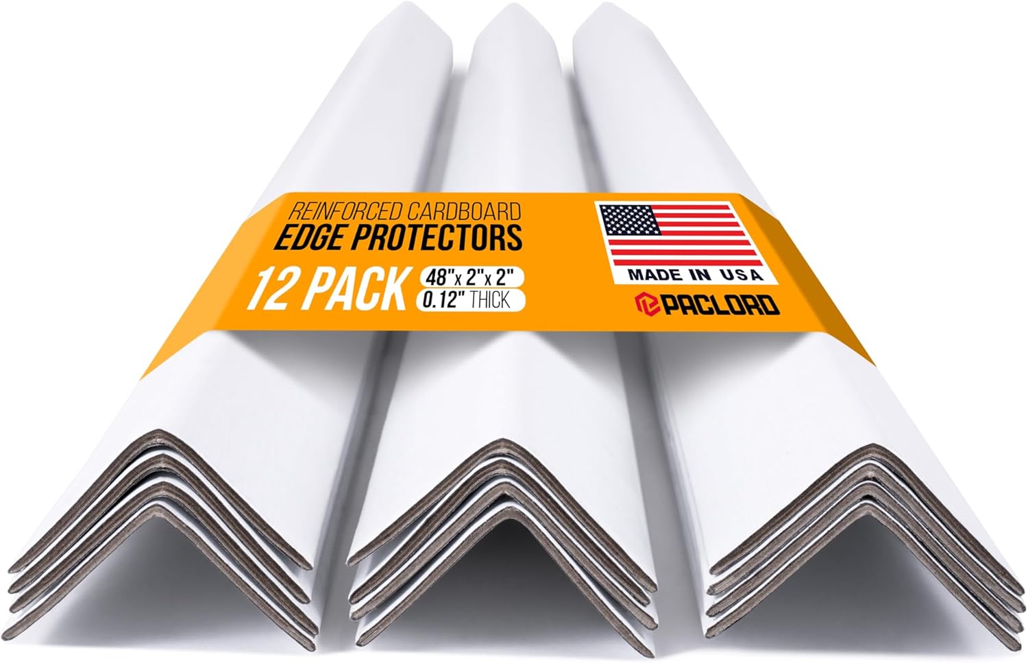 48" x 2" x 2" Reinforced Cardboard Edge Protectors, White (Pack of 12) – 0.12" Thick Medium-Duty Cardboard Corner Protectors for Shipping – American Quality V-Board Pallet Edge Guard