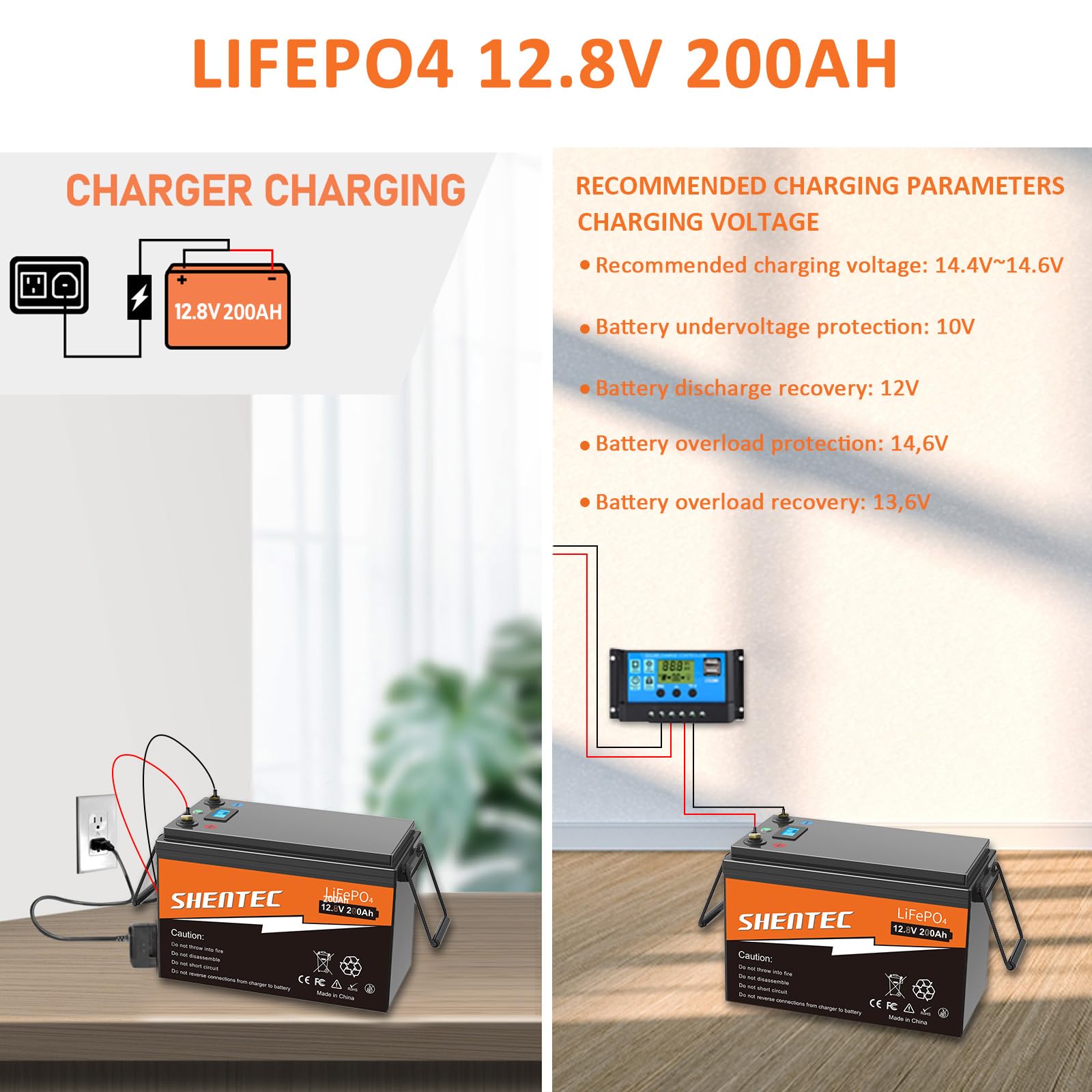 Shentec Lifepo4 12V 200Ah batería Solar de Litio con BMS 200A, 200A Corriente máxima, 5000+ ciclos. Batería de Salida LiFePO4 para campistas, Camping, Motores electrónicos, Barcos