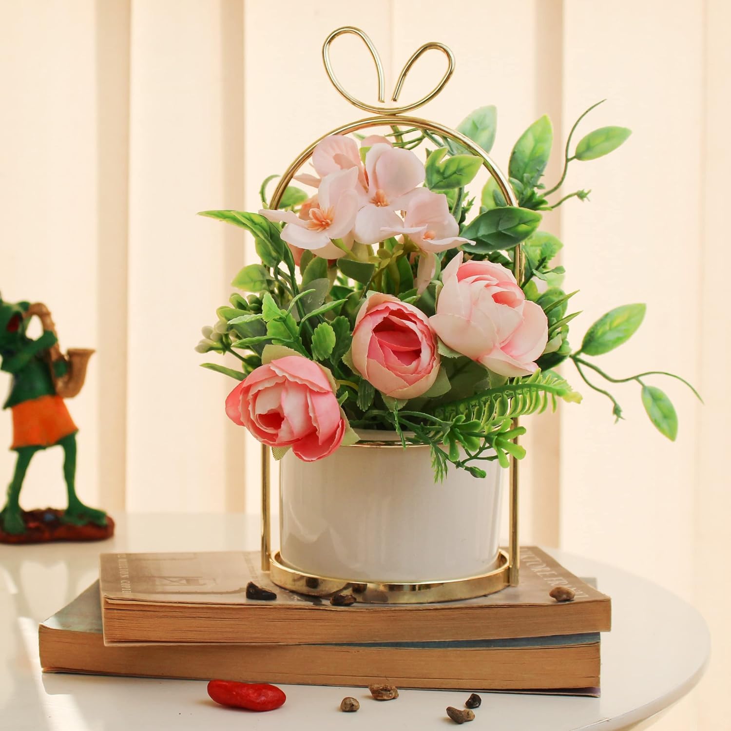 TIED RIBBONS Fake Flowers with Vase Metal Stand | 8 Inch, Baby Pink | Artificial Roses Bouquet in Vase | Centerpiece Table Decorations for Coffee Table, Living Room, Valentines Day Decorations