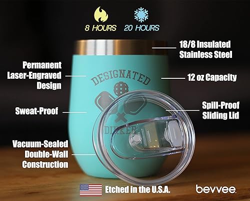 Miniatura 3 de Designated Dinker - Wine Tumbler Glass with Sliding Lid - Stainless Steel Insulated Mug - Funny Pickleball Themed Gifts and Decor - Teal