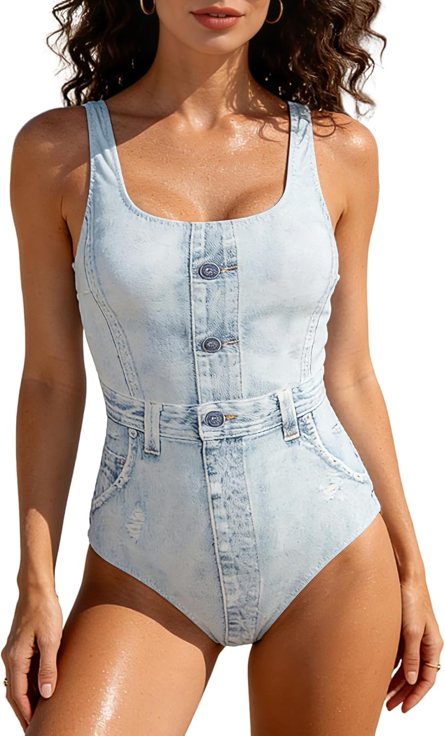 Women's Denim Print Swimsuit Athletic Modest One Piece Bathing Suit Low Back Scoop Neck Slimming Swimwear