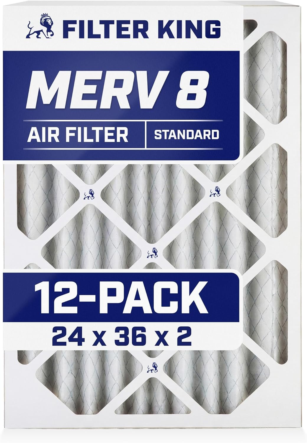 Filter King 24x36x2 Air Filter (MERV 8) (12-Pack) Dust & Allergy Control AC Furnace Filters, MADE IN USA, HVAC, Pleated, Electrostatic (Actual Size: 24 x 36 x 1.75)