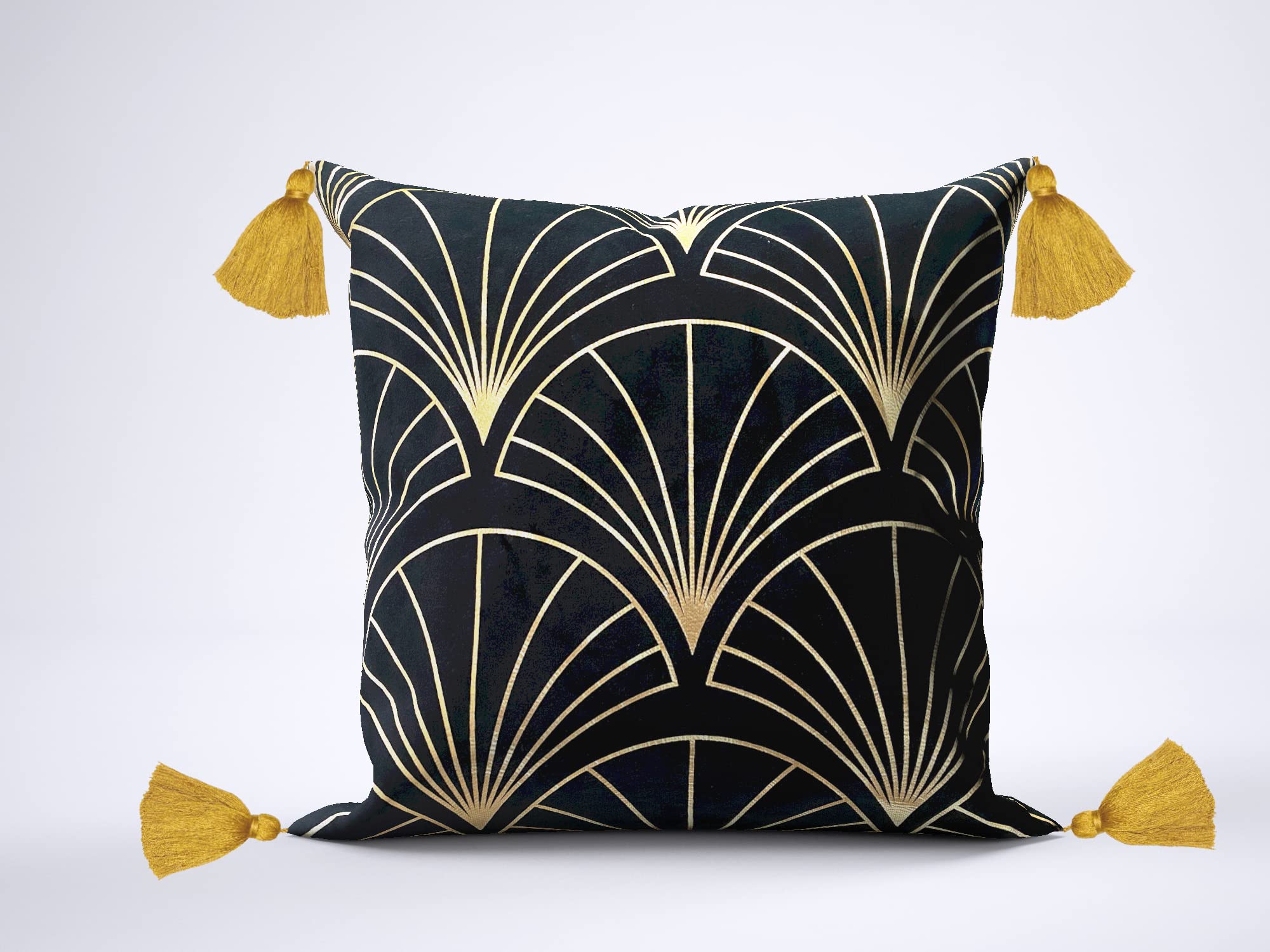 Moroccanity Black Art Deco Geometric Velvet Gold Foil Tassels Cushion Pillow Cover (Black)