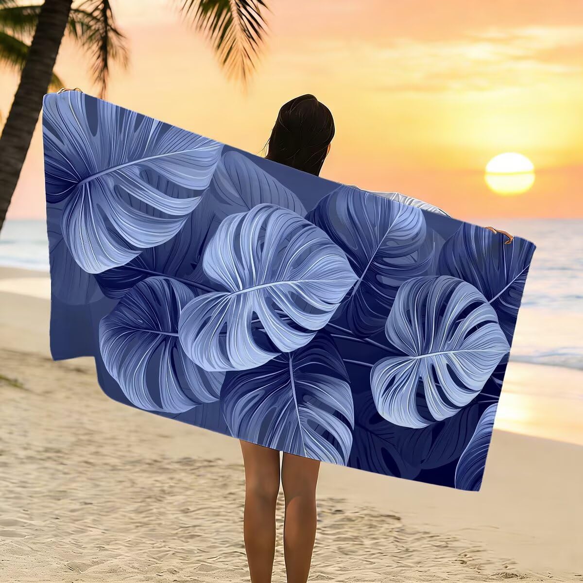 Telo Mare Microfibra, Telo Mare Grande 90x200cm 2 Pezzi, Asciugamano Palestra Donna Asciugatura Rapida, Antisabbia Asciugamano Microfibra, Leggero Asciugamani Palestra, Regalo (Foglie di palma) -4338