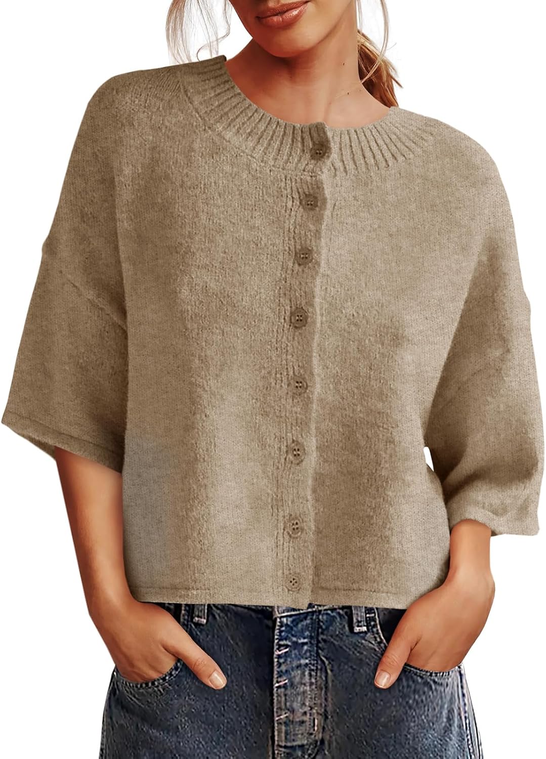 Saodimallsu Womens 3/4 Sleeve Cardigan Sweater Button Down Cropped Crewneck Cardigan 2025 Fall Casual Knit Tops