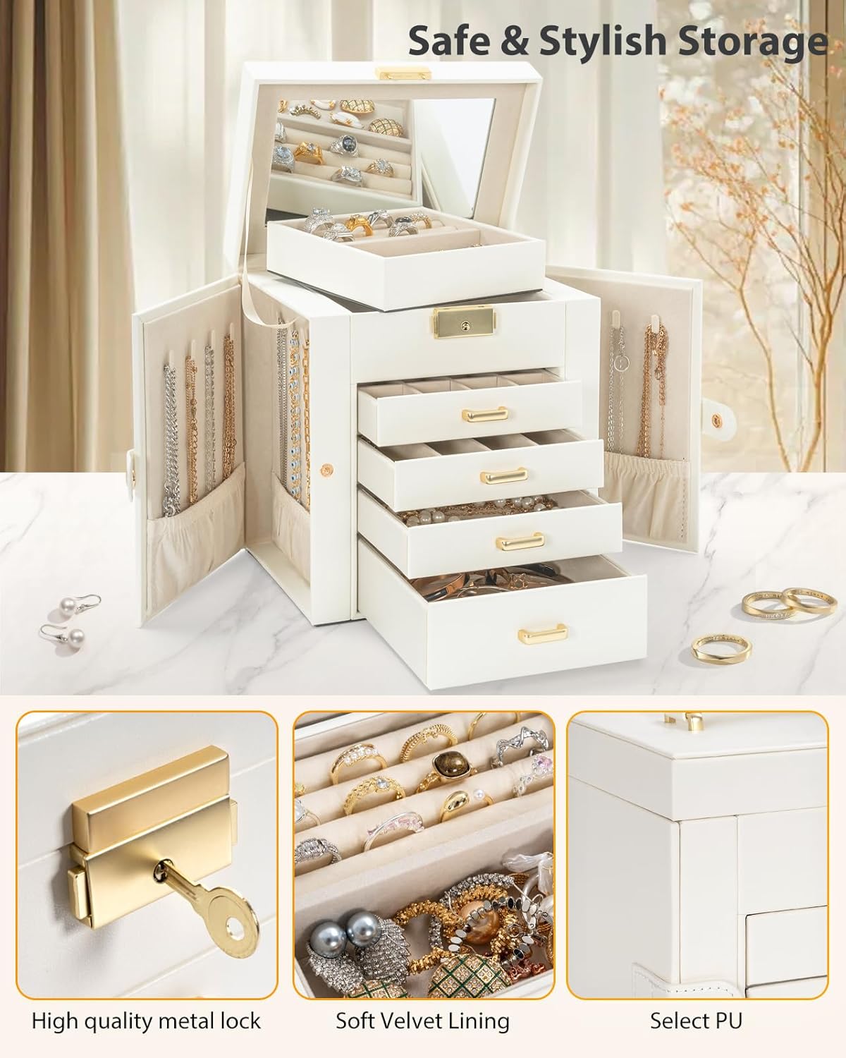AKOZLIN 5-Tier Jewelry Box Leather Jewelry Storage Organizer with 4 Drawers Lockable for Women Girls Ring Necklace Earring Bracelet Watches Holder with Mirror White - Image 5