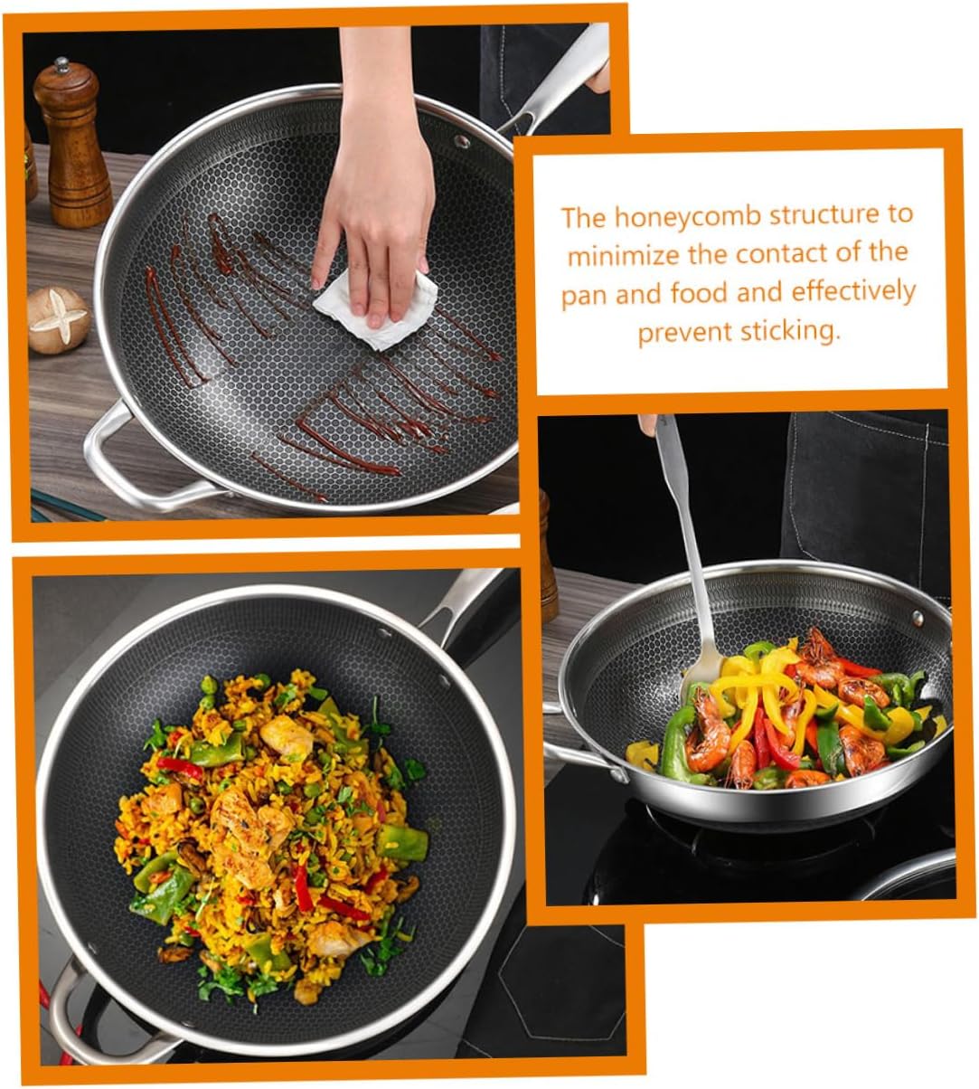 Honeycomb Grain Stainless Steel Wok Non-stick Frying Pan for Induction Cooktops Scratch-resistant Double Handle Design Easy to Clean Kitchenware