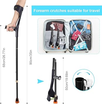 Forearm Crutches Pair+Forearm Crutches Pads, Elastic Crutches Padding for The Elbow, for Open Cuff Crutches, Shock Resistant Increases Walking Comfort Forearm Crutch Pads (Black Kit)