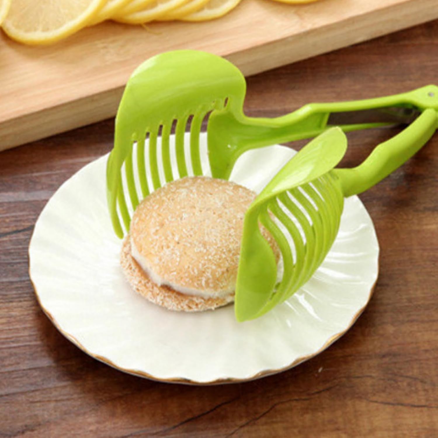 Jeanoko Tomato Cutting Holder, handheld slicing tool with PP material and curved handle for even slicing, Kitchen Cutting Aid, for tomatoes, lemons, onions, Standard Color, Compact Size, 1 Unit
