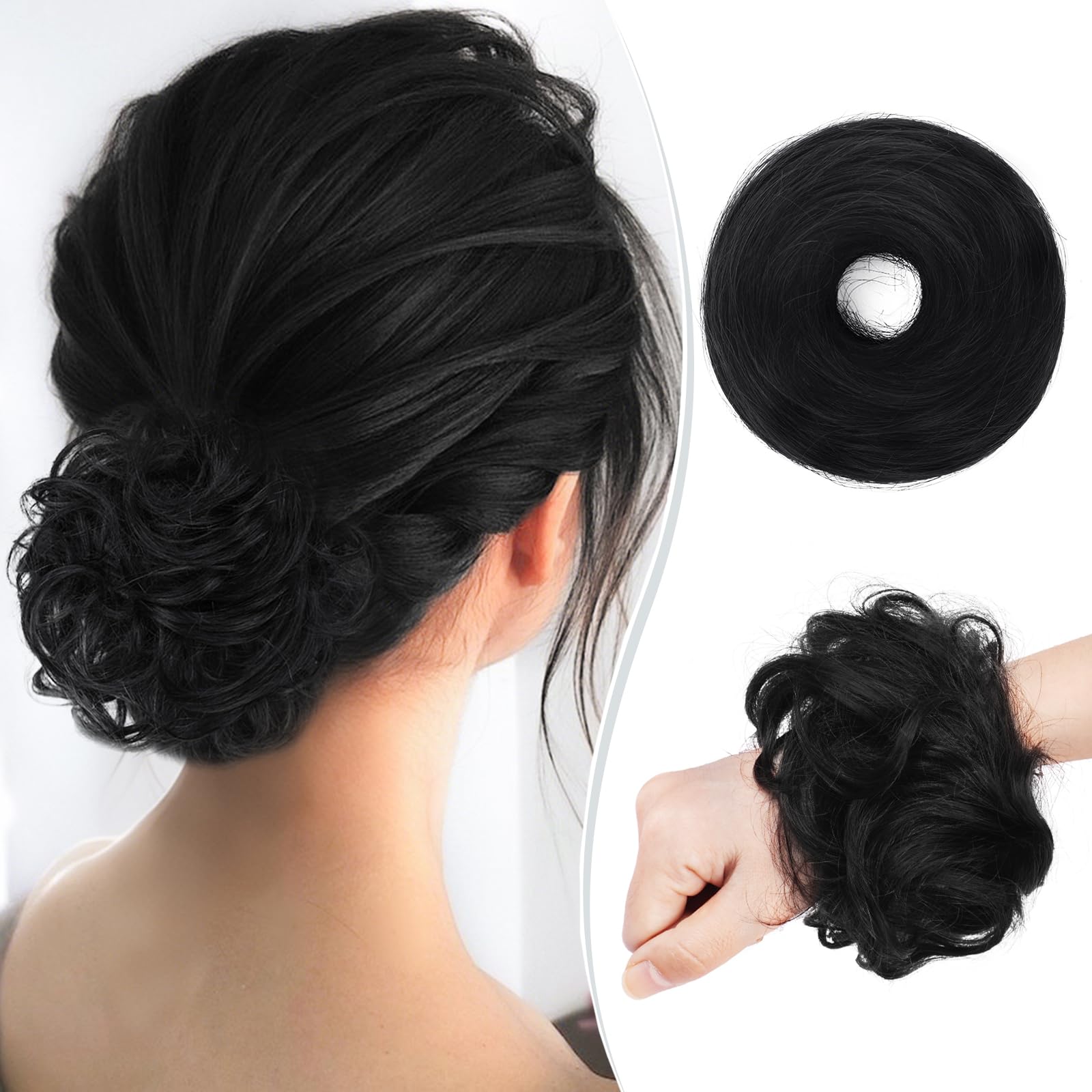 RUWISS Human Hair Bun Hair Piece Long Thin Straight Tousled Updo Bun Hair Pieces for Women Scrunchie Ponytail Extension 25g (Black)