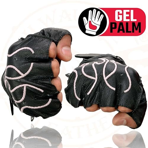 Miniatura 6 de Milwaukee Leather SH198 - Guantes de mano para motocicleta sin dedos acolchados de gel de cuero negro con llama naranja bordada