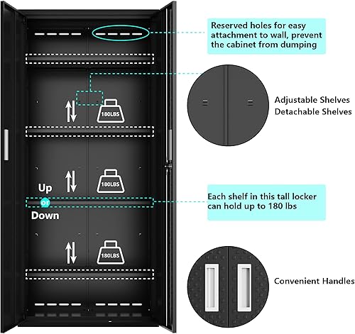 Miniatura 4 de Armarios de almacenamiento de metal para oficina en casa, armario de almacenamiento de garaje de 71 pulgadas con puerta con cerradura y 4 estantes