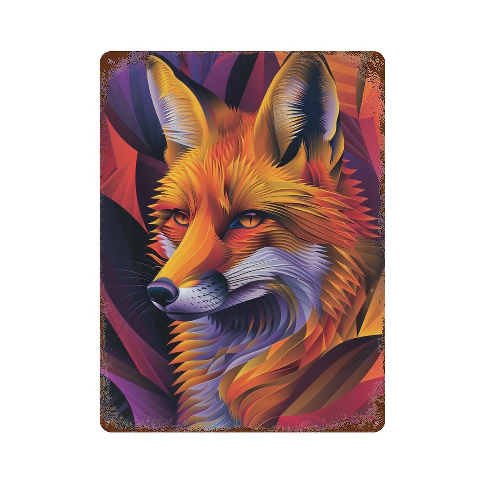 Colorful Fox Illustration Weathered Tin Sign 15.7"x11.8", Industrial Home Decor for Basement, Hobby Room And Garage Decor