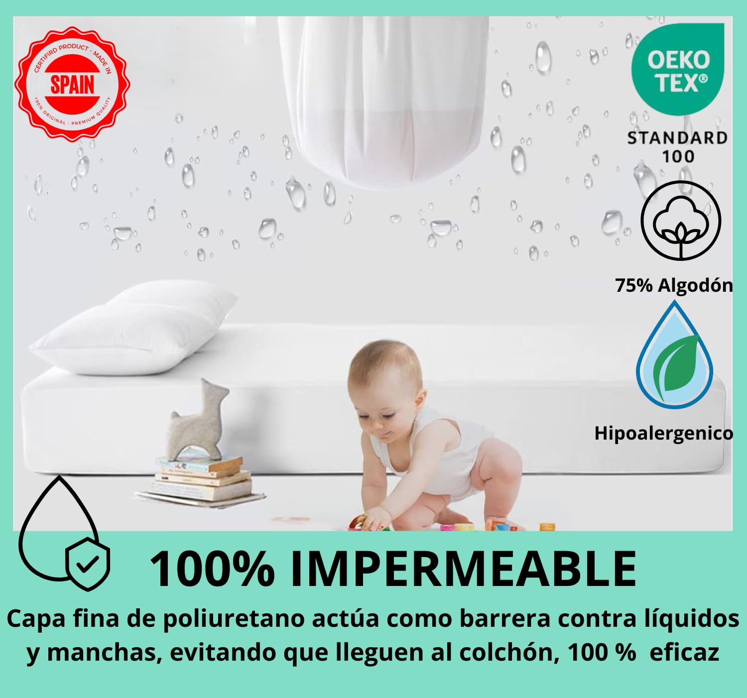 HaraDeco Protector Colchón Hotelero Rizo Algodón Sin Ruido Oeko-Tex® | Silencioso, Transpirable Impermeable, Hipoalergénico y Antiácaros, Resistente Fabricado en España para Uso Profesional