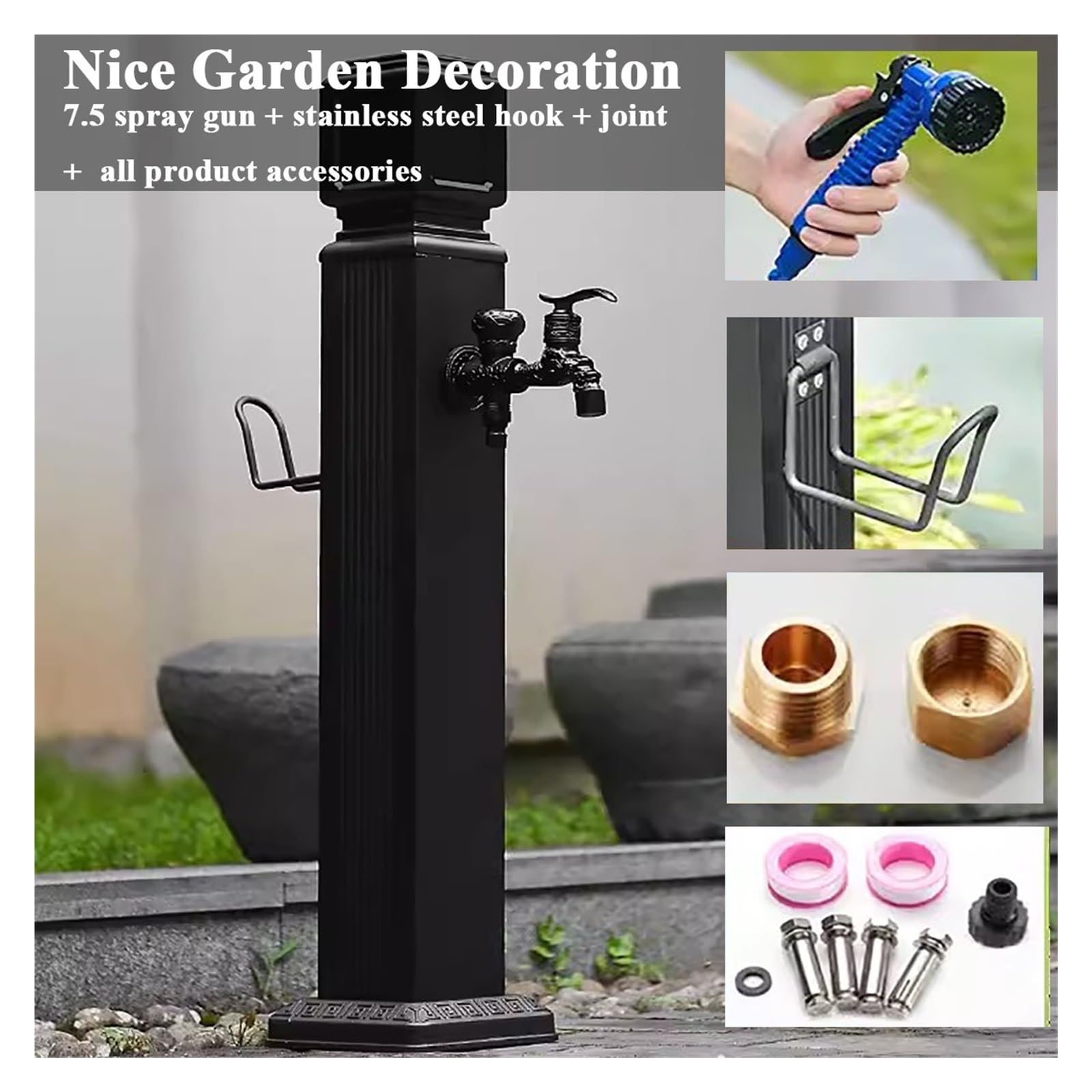 Fontana Da Giardino Moderna In Acciaio Antracite - Altezza 1m, Con Rubinetto Ottone E Ciottoli - Foto 4