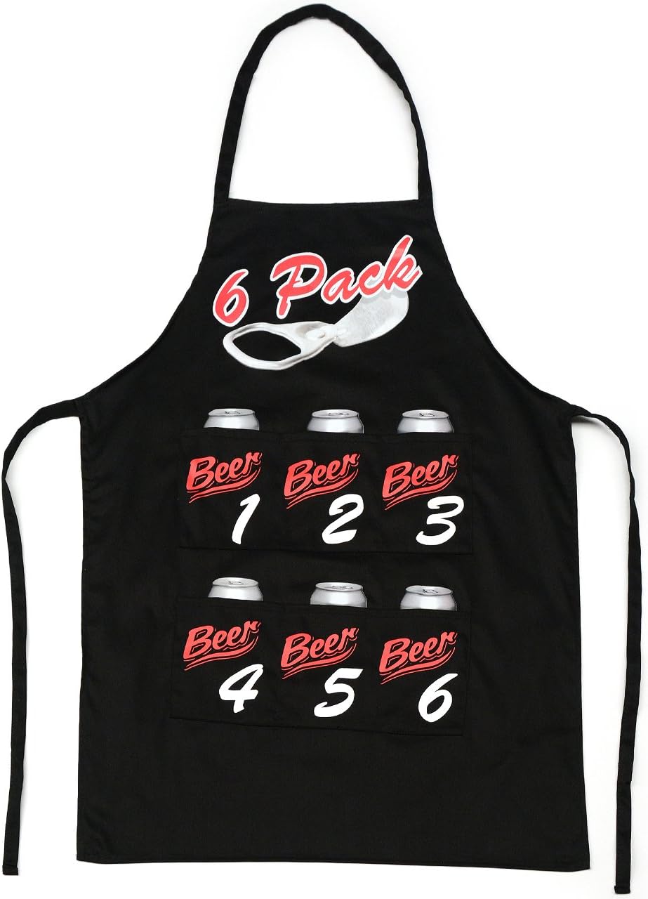 Novelty Chefs BBQ Cooking Apron - For Men Who Want A Real 6 Pack With Six Pockets Beer Holder Black Funny Mens Gadgets Cooking Barbecue Accessories Garden Outdoor Essentials Gifts