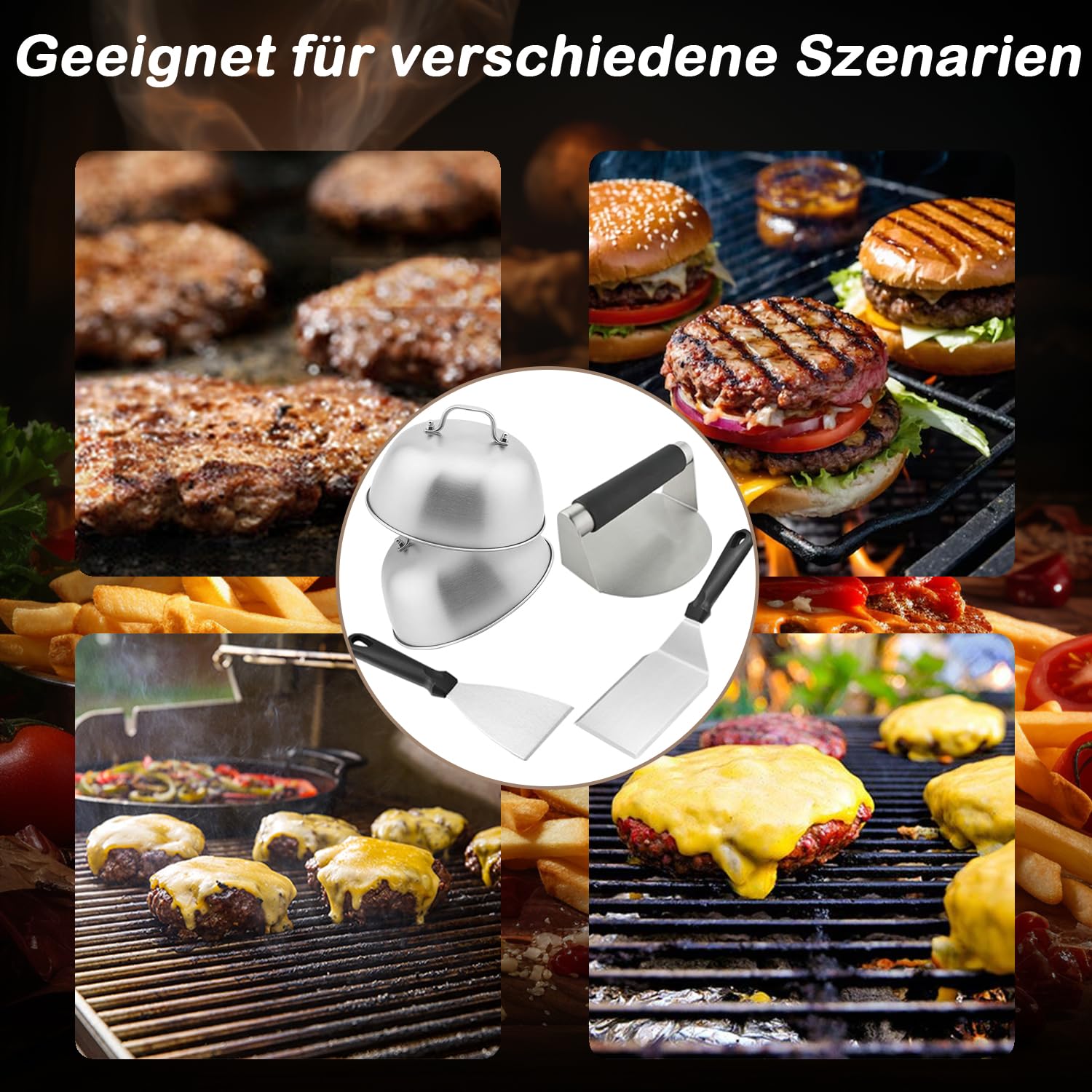 Set per burger, 5 pezzi, pressa per hamburger, in acciaio inox, include pressa per hamburger, spatola per barbecue, spatola e campana per hamburger, per piastra a gas, teppanyaki