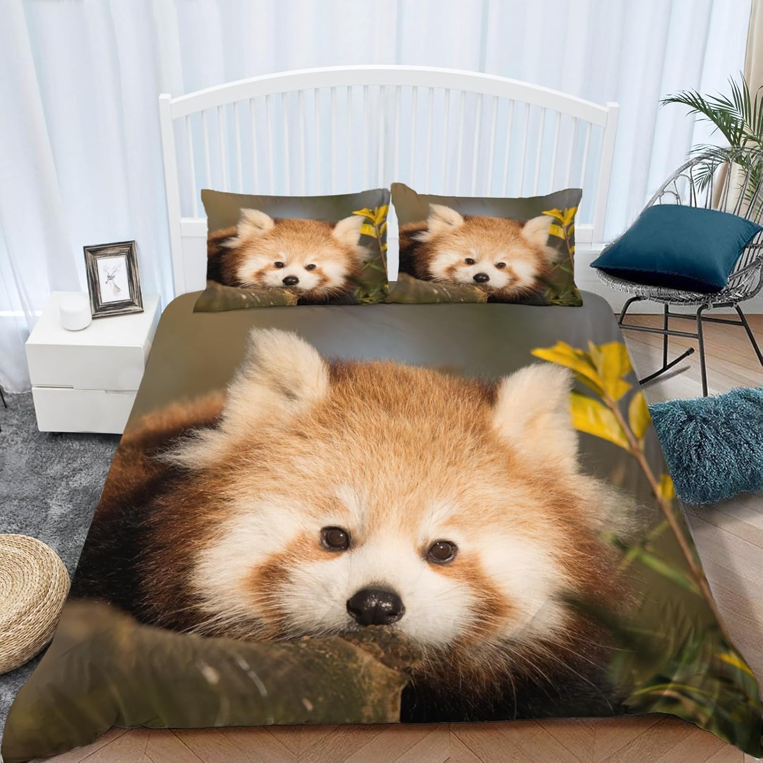 Pościel 220 x 240 cm, czerwona panda, miękka pościel z mikrofibry, poszewka na kołdrę z nadrukiem 3D, dzikie zwierzęta, 3-częściowy poszwa na kołdrę z zamkiem błyskawicznym i 2 poszewki na poduszkę 80