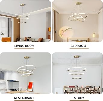 Led Pendant Light,Dimmable 3 Ring Acrylic Chandelier Lighting Fixture,Gold Adjustable Chandeliers for Kitchen Island Dining Room Living Room Bedroom Foyer Hanging 20+40+60Cm/(7.87+15.7+23.6) [Energy Class F]