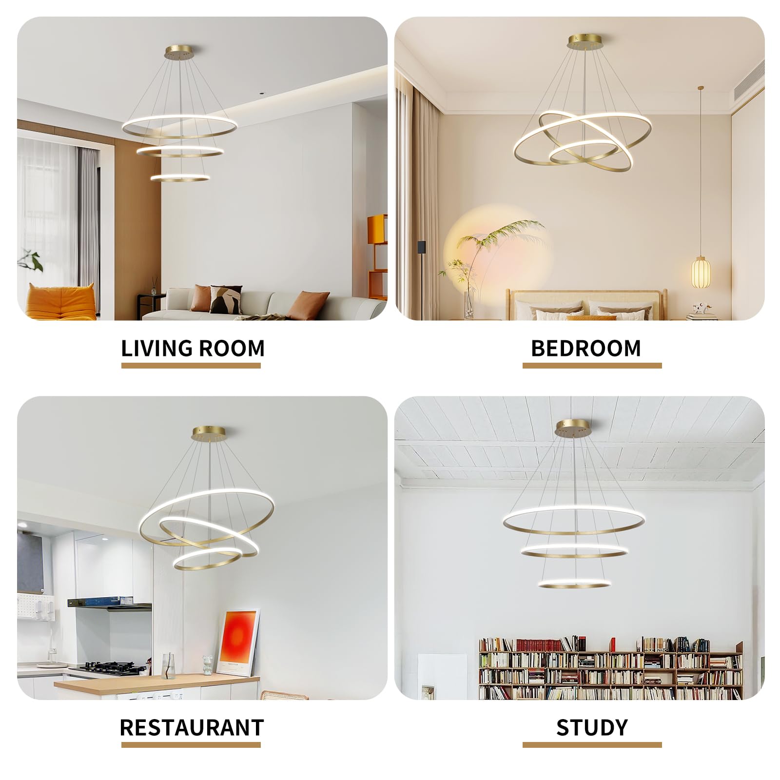 LED-Pendelleuchte, dimmbare Acryl-3-Ring-Pendelleuchte, moderne goldene Pendelleuchte, Esstisch für Kücheninsel, Esszimmer, Wohnzimmer, Schlafzimmer, Eingangshalle, hängend, 20+40+60 cm, 52 W