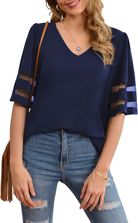 Jouica Women's V Neck Chiffon Blouse Mesh Panel 3/4 Bell Sleeve Loose Top