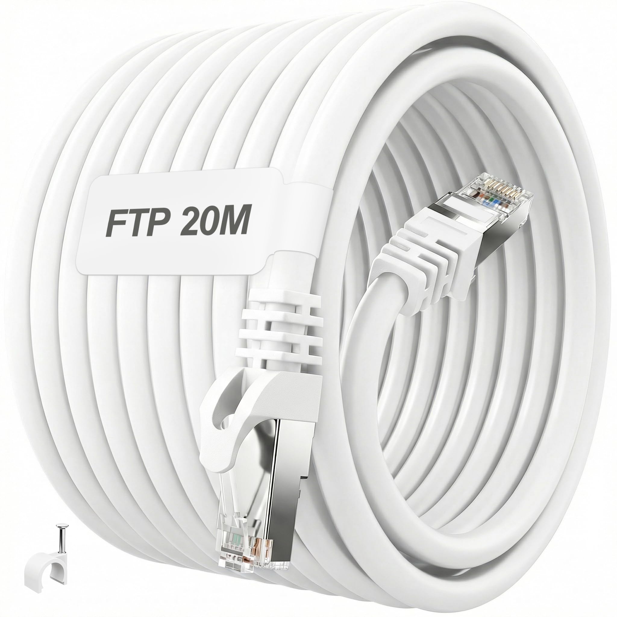 ikbc Cavo Ethernet Cat 6 FTP Schermato 20 Metri da Esterno, Cavo LAN RJ45 Gigabit 23AWG 20 m, Cavo di Rete Anti-Interferenza con 20 Clip per Router