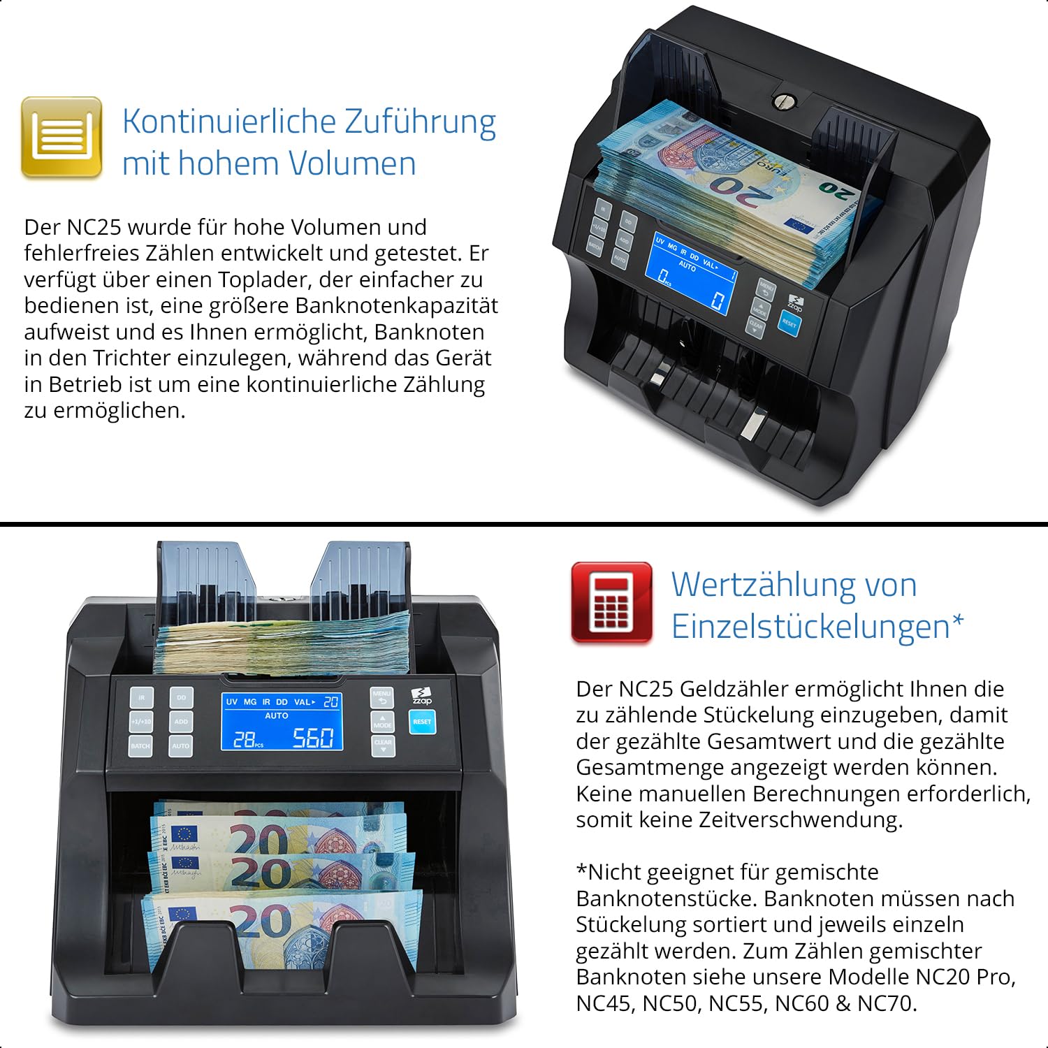 ZZap NC25 Banknotenzähler und Falschgeld-Detektor - Geldzählmaschine Banknotenzählmaschine Geldzähler
