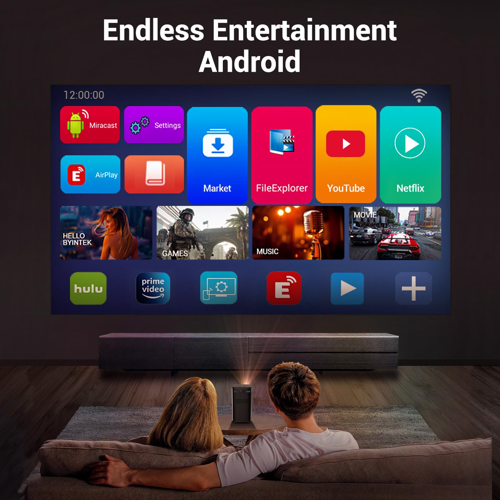 BYINTEK P70 Mini Proiettore 3D Corpo in Metallo, HD LED Wifi Proiettore Portatile Alimentato a Batteria, Supporta 1080P 4K, Sistema Operativo Android 9.0, Display Wireless, con Custodia e Treppiede