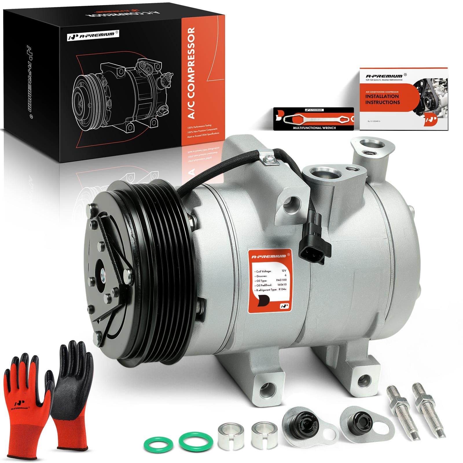 A-Premium A/C Compressor with Clutch Compatible with Ford E-150 E-250, E-350 E-450 Super Duty, Mustang, FS18 Compressor, 6 Grooves