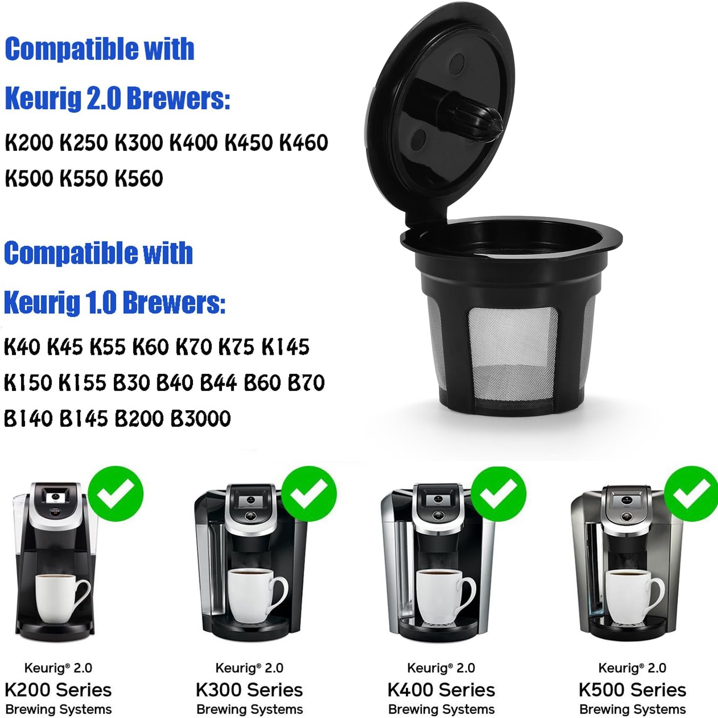 STYDDI Reusable Mesh Coffee Filter for Keurig, 6-Pack Refillable Empty Coffee Cup Universal Filter Replacements for K15, K55, K145, K250, K300/K350, K400/K450/K460, K500/K550/K575 Models