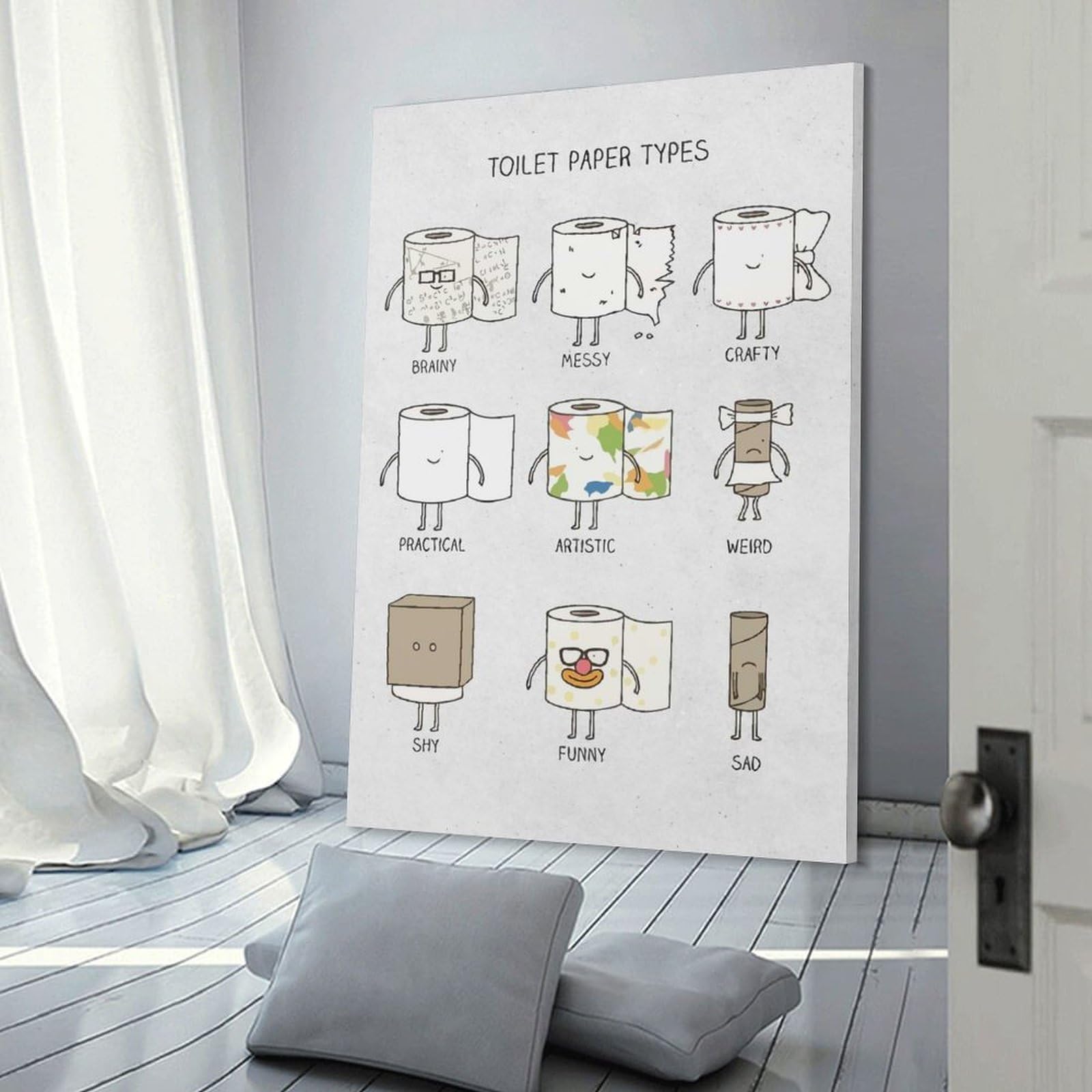 Junmoney Toilet Paper Types Cartoon Illustration Canvas Wall Decor, 12x18inch(30x45cm), for Gallery Wall Decor And Room Displays, Wall Decor Suited to Curated Displays