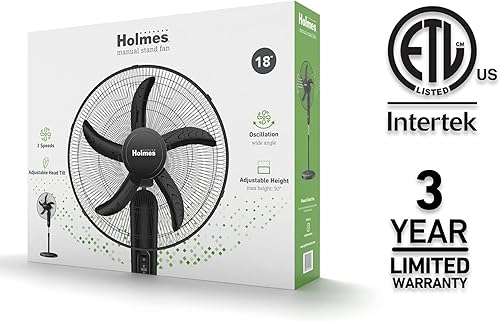 Miniatura 8 de Holmes Ventilador de soporte oscilante de 18 pulgadas, 3 velocidades, funcionamiento silencioso, altura ajustable, oscilación de 75, inclinación de