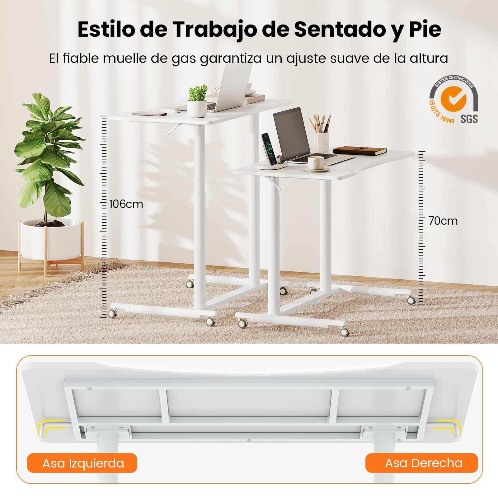 COSTWAY Escritorio Elevable 95 x 52cm, Altura Ajustable, Secretaria Elevatoria con Ruedas Bloqueables, Marco de Metal, para Espacios Pequeños, Mesa Escritorio Oficina Despacho (Blanco)
