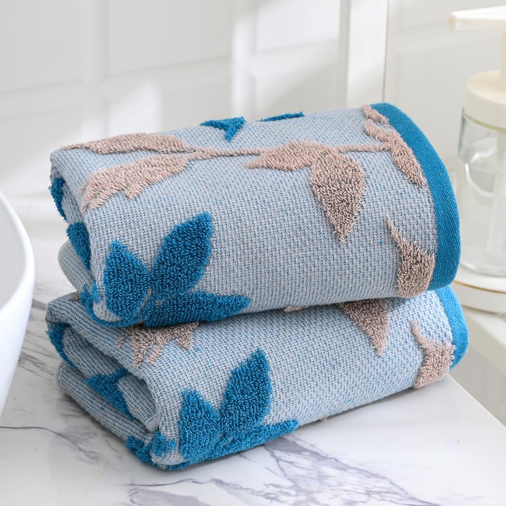 sense gnosis Navy Blue Hand Towel Set of 2 Super Soft 100% Cotton Highly Absorbent Embossed Leaf Floral Pattern Decorative Jacquard Weave Hand Towels for Bathroom Home 13x 29 Inch - Image 4