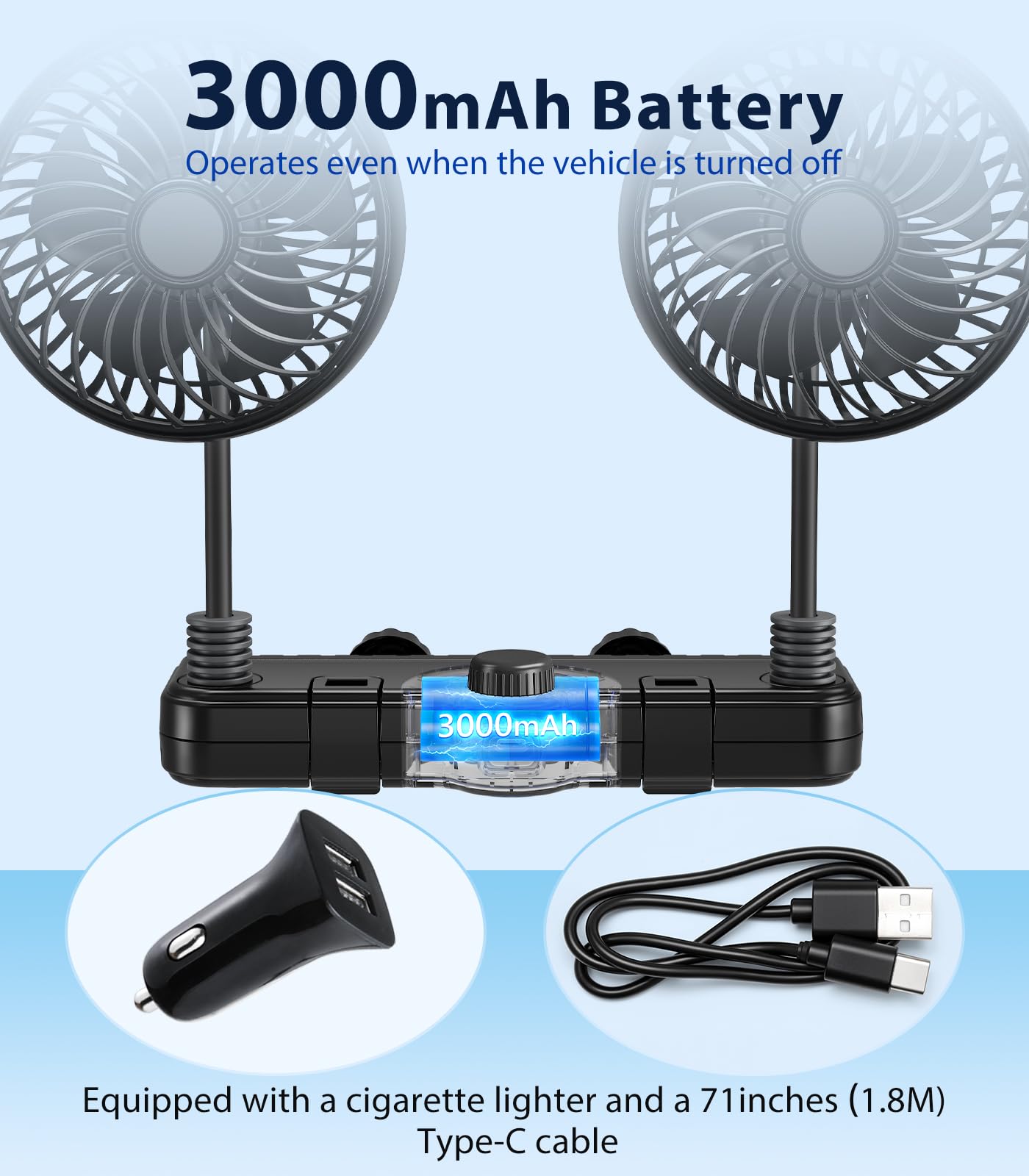Ventola ricaricabile da 3000 mAh con doppio tubo flessibile 360 per auto, SUV, camper, pickup, poggiatesta, sedile auto, per bambini, lato posteriore, silenzioso, velocità del vento, 2 ganci