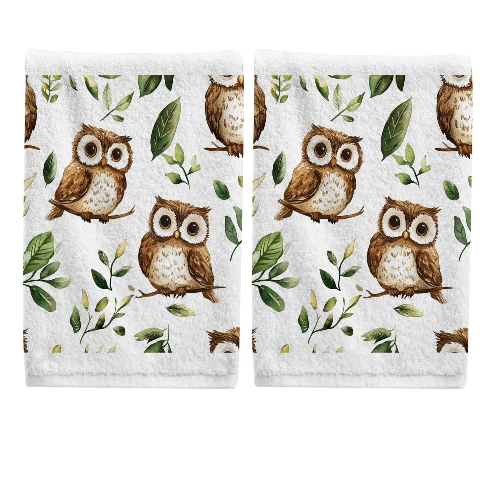 ALAZA Hand Towel Set of 2 100% Cotton Bath Towels Cute Owls Leaves for Bathroom Housewarming Decor Gifts