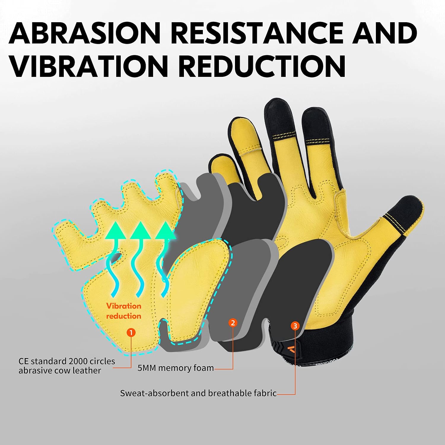 Vgo... Work Gloves Anti Vibration in Cowhide Touchscreen, Mechanics Gloves Multi-purpose Light&Medium Duty, 1 pair(Gray,CA7723) - Image 3