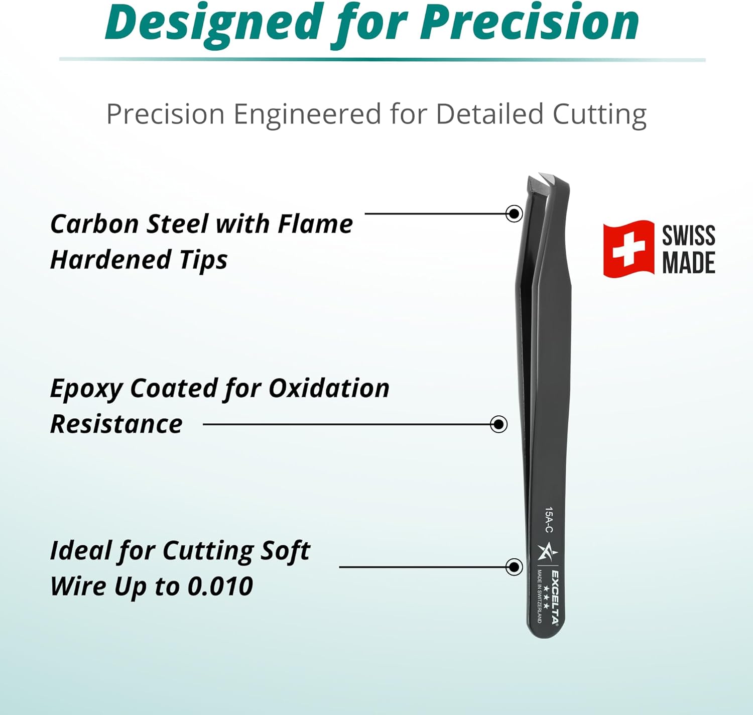 Excelta 15A-C Precision Angulated Cutting Tweezers, Carbon Steel with Epoxy Coating, Flame Hardened Tips, 4.5" Long, Professional