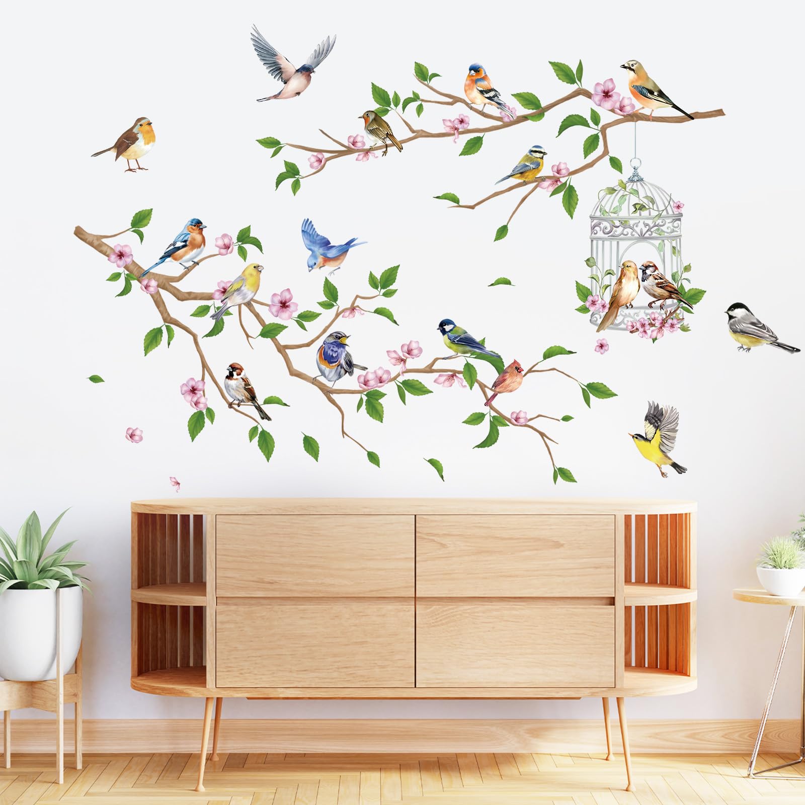FUFUQUARE Garden Birds on Tree Branches Wall Stickers Pink Flowers Birdcage Wall Decals PVC Removable Decoration for Nursery Bedroom Living Room - Image 2